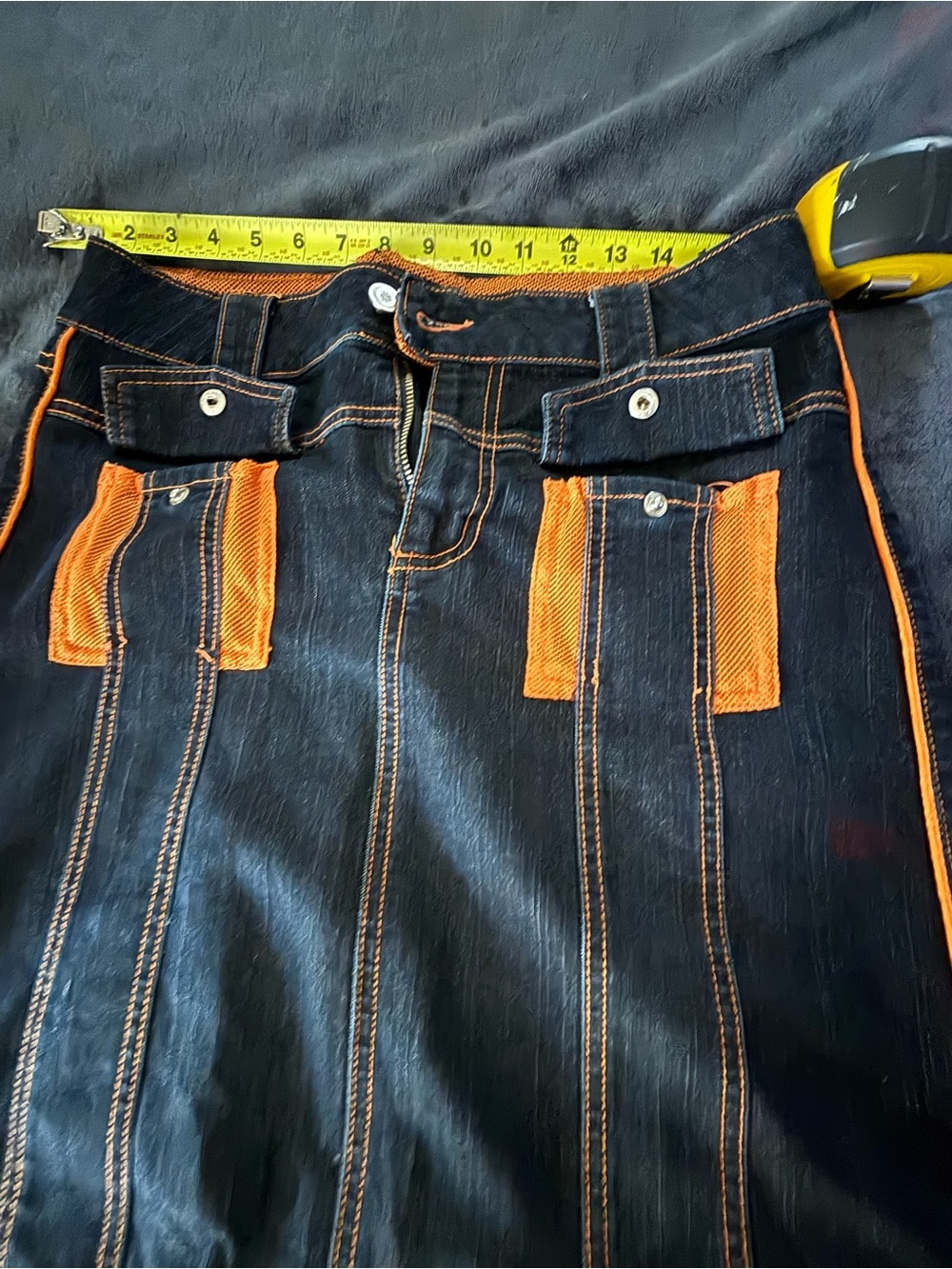 Crest Black Denim Skirt with Orange Trim and Stitching